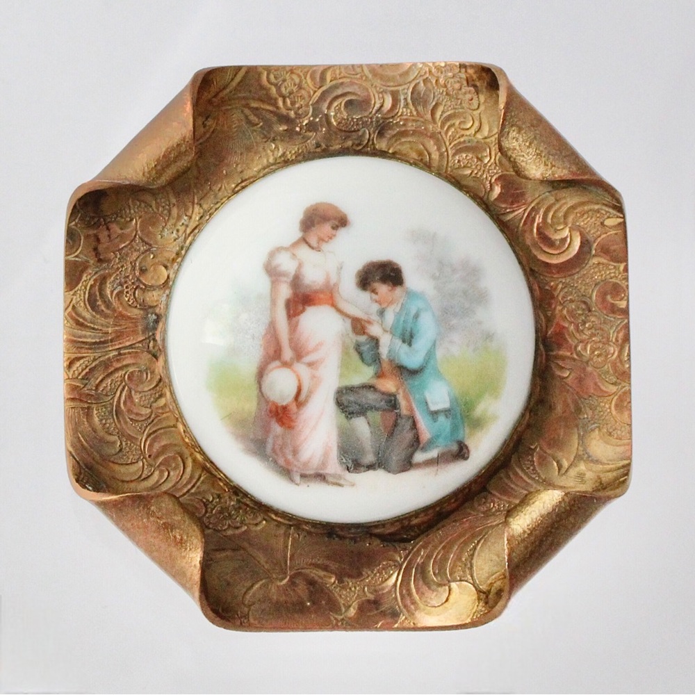 Vintage Porcelain and Brass Lovers Brooch Romantic Courting Scene Pin Large